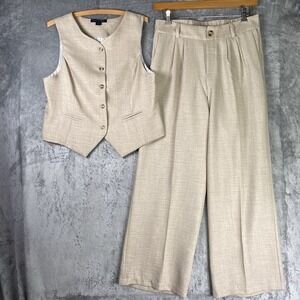 Tullea Pants Set Womens Sz XL Tan Wide Leg Matching Set Vest Lightweight Preppy